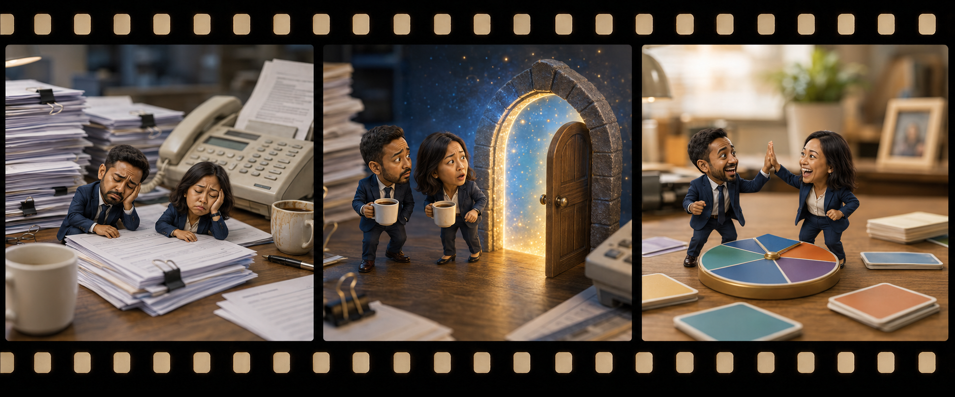 Three-panel Break Room transformation filmstrip