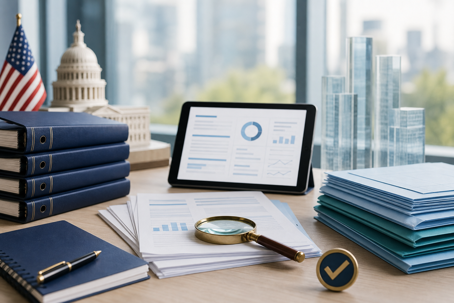 Federal and commercial payer source materials arranged around a monitoring dashboard and magnifying glass